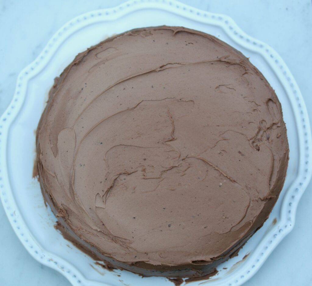 Frosted gluten-free chocolate layer cake.